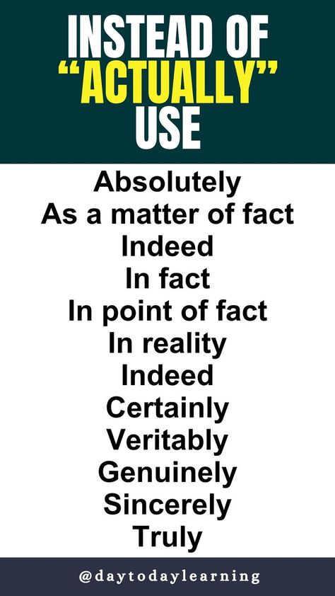 Discover a plethora of synonyms to replace the word "actually" on our Pinterest board! #synonyms #vocabulary #wordchoices #alternatives #Pinterestresources #languagelearning #wordreplacements #Englishlanguage #lexicaldiversity #wordsubstitutions #Pinterestsynonyms #wordpower #improveyourvocabulary #linguisticenhancement Biology Projects, English Transition Words, Improve Your Vocabulary, Synonyms And Antonyms, Writing Inspiration Prompts, English Writing Skills, Learn English Vocabulary, English Writing, English Language Learning