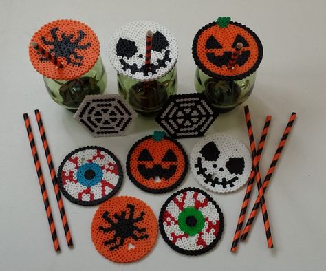 Halloween perler straw holder/drink covers by Joanne Schiavoni Perler Bead Drink Covers, Pearl Plate, Hama Beads Halloween, Perler Bead Earrings, Halloween Perler, Perler Pattern, Christmas Perler Beads, Straw Holder, Drink Covers