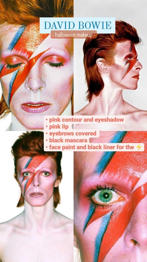 David Bowie Most Iconic Looks, David Bowie Face Paint, Diy David Bowie Costume, David Bowie Fancy Dress, Costume 2023 Ideas, Ziggy Stardust Halloween Costume, David Bowie Halloween Costume Ziggy Stardust, Halloween Jack David Bowie, Female David Bowie Costume