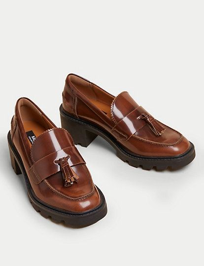 Leather Tassel Block Heel Loafers | M&S Collection | M&S Heel Loafers, Block Heel Loafers, Block Heel Pumps, Platform Loafers, Ballet Pumps, School Shoes, Leather Tassel, Heeled Loafers, Heel Pumps