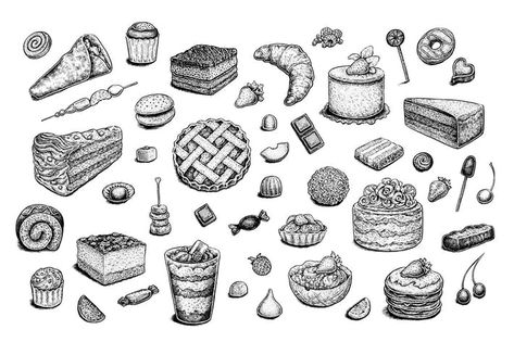 Set of vector and raster desserts by EugeniaHauss Pastry Drawing, Cute Pastry, Desserts Drawing, Popular Desserts, Traditional Ink, Vector Graphics Design, Hand Drawn Vector Illustrations, Hand Drawn Vector, Ink Sketch