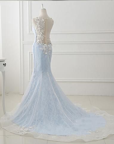 Baby Blue Sweep Train Lace Mermaid Evening Dresses, Formal Dress With Applique N1473 Writing Outfits, Baby Blue Wedding Dresses, Blue Lace Wedding Dress, Dress With Applique, Baby Blue Weddings, Pageant Outfits, Pageant Hair, Lace Applique Wedding Dress, Prom Inspo