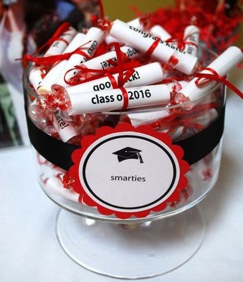 Smarties decorated to look like little Diplomas! Cute decoration and party favor for a Graduation Party! Label can be made for custom orders. Date, Name or Saying (as long as its short enough to fit on the label, about 18-20 characters) Ribbon can be whichever colors you prefer to go with the Graduation Centerpiece Ideas, Law School Graduation Party, Elementary Graduation, Senior Party, Graduation Party Desserts, Graduation Treats, High School Graduation Party Decorations, Backyard Graduation Party, Graduation Centerpiece