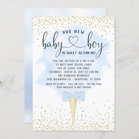 Baby Boy Sip And See, Baby Boy Sprinkle, Classy Baby Shower, Baby Shower Menu, Baby Shower Baskets, Sip And See, Baby Drinks, Baby Invitations, Gold Baby Showers