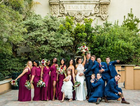 Dusty Blue And Fuschia Wedding, Berry And Blue Wedding, Berry And Navy Wedding, Magenta And Navy Blue Wedding, Navy Groomsmen Suits And Bridesmaids, Navy And Burgundy Suit, Bride And Flowergirl, Groomsmen In Navy, San Diego Balboa Park