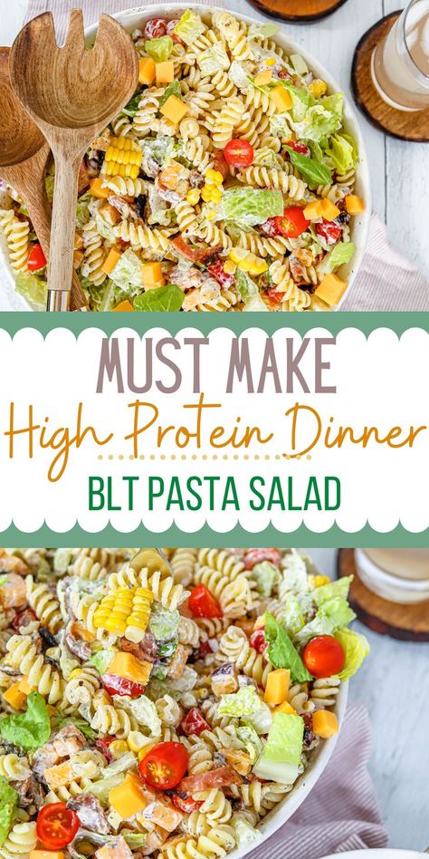 This BLT Pasta Salad is by far one of the most popular recipes on HGHF. It has been made so many times and shared for pot lucks, guests coming over, and a high protein dinner. It is a recipe you can rely on to take anywhere! It is packed with nutrients, delicious ranch sauce and perfect for simple easy dinner or meal prep for lunches. Enjoy this cleaner eating pasta salad for the summer. Easy Protein Pasta Salad, Meal Prep Healthy Pasta, High Protein Meals Summer, Pasta Salad Lunchbox Ideas, Pasta Salad For Camping, Pasta Salad Meal Prep Cold, Low Calorie High Protein Pasta Salad, Macro Pasta Salad, Protein Pasta Salad Meal Prep