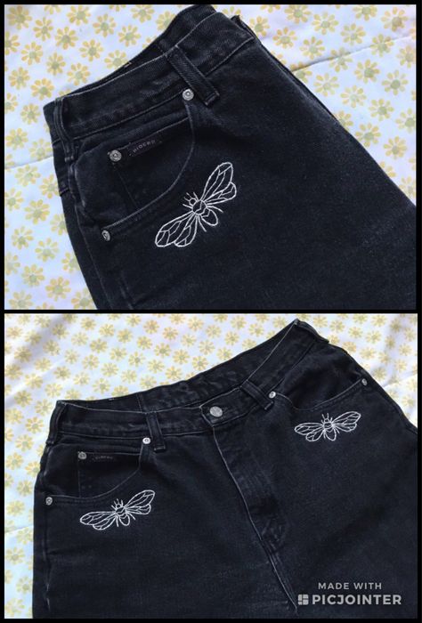 Black Jeans Embroidery Ideas, Embroidery On Black Jeans, Embroidered Pants Diy, Black Jeans Embroidery, Embroider Pants, Grunge Embroidery, Embroidered Jeans Outfit, Hand Embroidered Clothes, Jean Embroidery