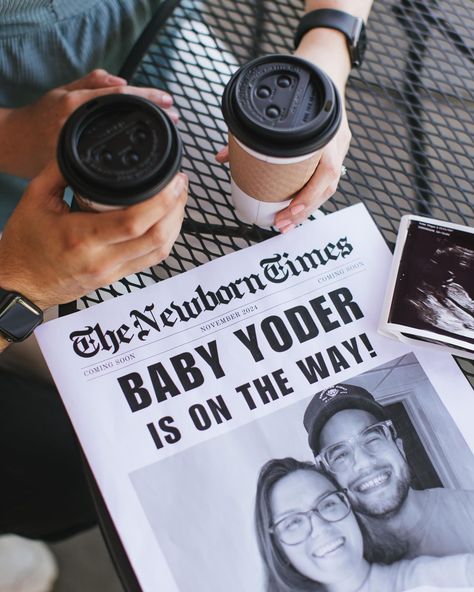 Breaking News! Upgraded to Mom & Dad 🤍 Newspaper Baby Announcement, Photoshoot At Cafe, Announcement Photoshoot, Pregnancy Announcement Photoshoot, Gender Reveal Announcement, Baby Announcement Photoshoot, West Village, Maternity Shoot, Pregnancy Shoot