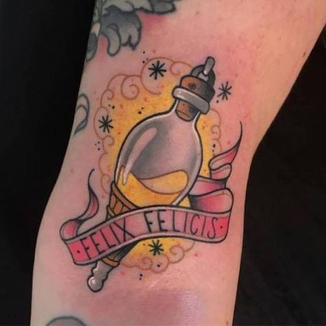 Felix Felicis Tattoo, Luck Tattoo, Felix Felicis, Hp Tattoo, Bottle Tattoo, Harry Potter Tattoos, Harry Potter Tattoo, New School Tattoo, Temporary Tattoo Designs