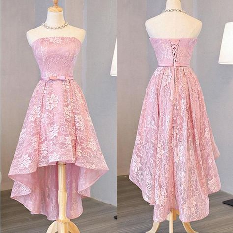 Pink Prom Dresses Short, Pink High Low Dress, High Low Lace Dress, Pink Dress Short, Princess Prom Dresses, High Low Prom Dresses, Strapless Prom Dresses, Prom Dresses 2018, Pink Homecoming Dress