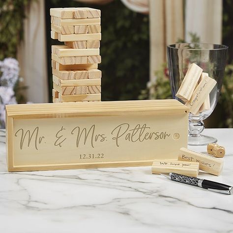 Personalized Games | Personalization Mall Wedding Jenga Guest Book, Jenga Guest Book Wedding, Jenga Wedding Guest Book, Guest Book Ideas For Wedding, Wedding Jenga, Rustic Wedding Party Favors, Creative Wedding Guest Books, Accessories 2022, Personalization Mall