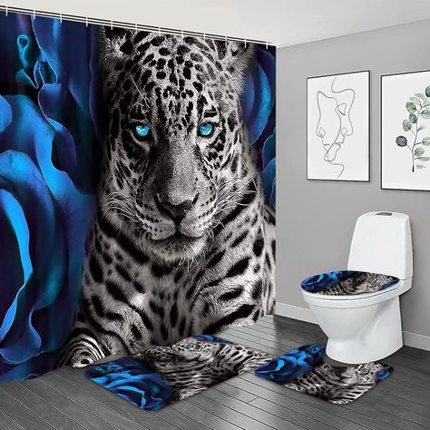 PRICES MAY VARY. Microfiber 【Package Included】：1*shower curtain (70.8*70.8 inches) with 12 hooks, 1*bathroom mat (29.5" x 17.7 inches), 1*U contour cushion (14.8*17.7 inches), 1*toilet cover cushion (13.8*17.7 inches) 【Easy to Install】：our 12 sturdy free hooks, you can easily install this fabric shower curtain to decorate. Please soak them before using the mats, so that wrinkles can be removed well. 【Interesting Design】：We combine cartoons and art for fun painting, bringing Halloween elements in Leopard Print Bathroom, Leopard Shower Curtain, Animal Bathroom Decor, Rose Shower Curtain, Animal Shower Curtain, Bathroom Shower Curtain Sets, Bilik Mandi, Toilet Rug, Blue Shower Curtains