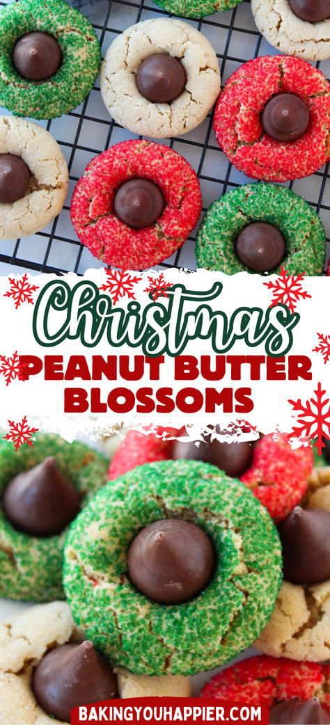 Christmas Peanut Butter Blossoms, an all-time Christmas favorite dressed in red and green to bring sparkle to your Christmas festivities! Christmas Peanut Butter Blossoms, Peanuts Butter Blossoms, Hersheyland Peanut Butter Blossoms, Peanut Butter Kiss Cookies Christmas, Santa Desserts, Hersey Kiss Cookies Recipe Peanut Butter Blossoms, Sweet Easy Recipes, Making Peanut Butter, Christmas Dessert Table