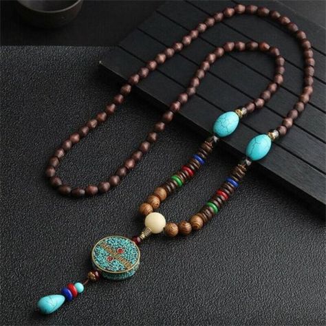 Collar Hippie, Buddhist Mala, Spiritual Necklace, Beads Pendant, Wood Bead Necklace, Wooden Necklace, Beaded Pendant Necklace, Wood Necklace, Bohemian Necklace