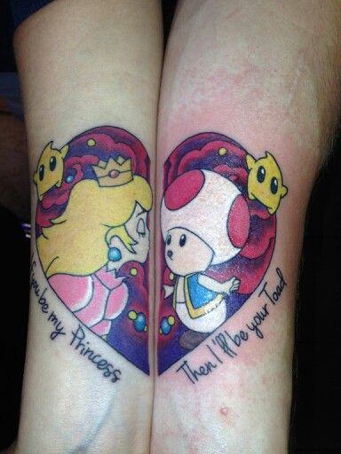 Couple's tattoo :) Super Mario Tattoo, Nintendo Tattoo, Peach Tattoo, Mario Tattoo, Gamer Tattoos, Video Game Tattoo, O Tattoo, Magic Tattoo, Princesa Peach