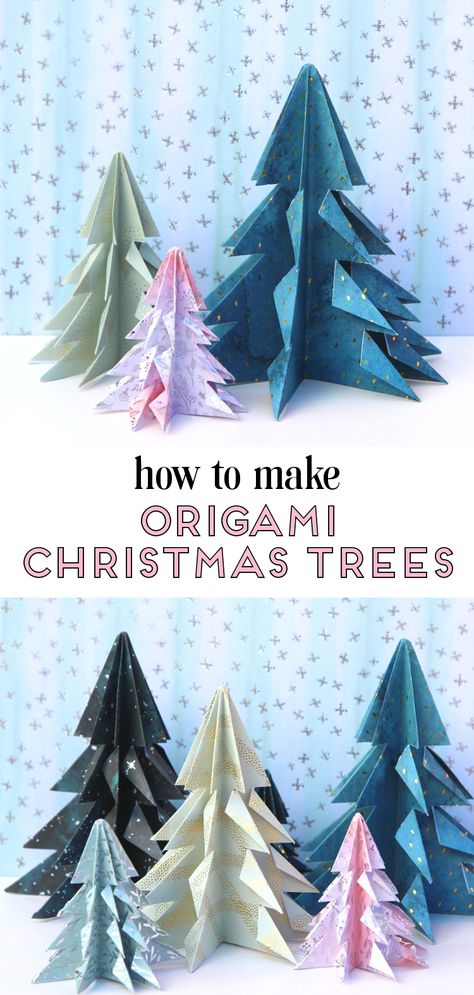 LEARN HOW TO MAKE EASY DIY ORIGAMI CHRISTMAS TREES DECORATIONS. A QUICK AND EASY LAST MINUTE HOLIDAY PROJECT THAT TAKES NO TIME AT ALL #origami #origamitree #origamichristmastree #christmas #papercrafts #craft #diy #holiday #holidaycrafts #gatheringbeauty Origami Christmas Presents, Diy Origami Christmas Decorations, Oragami Christmas Ornaments Step By Step, Origami Christmas Garland, Christmas Decor Origami, Origami Christmas Tree Easy, Origami Christmas Tree Tutorial, Xmas Origami Easy, Oragami Christmas Trees Easy