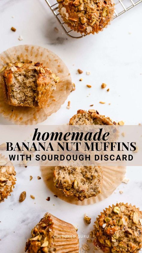 Indulge in the most delicious Banana Nut Muffins made with sourdough discard. Moist, rich, and bursting with nutty flavor—the perfect baking recipe for using up your sourdough discard. Enjoy these sourdough discard banana nut muffins for breakfast, a snack, or dessert. Discard Banana Bread Muffins, Sourdough Banana Nut Muffins, Sourdough Discard Banana Nut Muffins, Banana Muffins Sourdough Discard, Sourdough Banana Muffins Recipe, Discard Banana Recipes, Sourdough Discard Banana Bread Muffins, Sourdough Breakfast Muffins, Sourdough Discard Banana Recipes