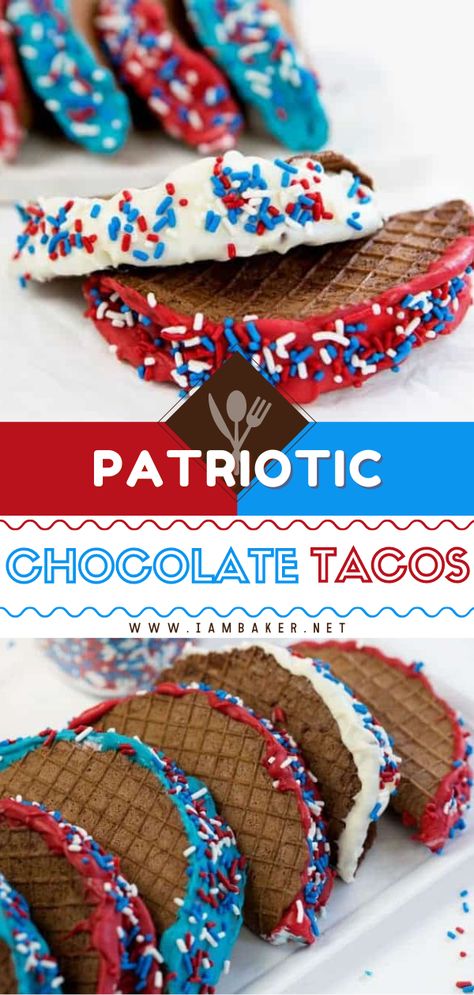 Waffle Tacos, Memorial Day Dessert, Desserts Fourth Of July, Chocolate Taco, Waffle Taco, Frozen Ice Cream, Colored Chocolate, Memorial Day Desserts, 4th Of July Dessert