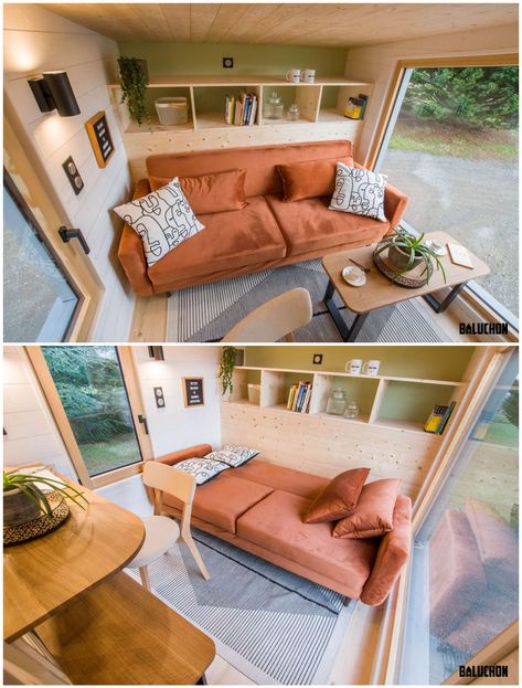 East France, Sleeping Couch, House Flips, Living Room Upstairs, Tiny House Furniture, Tiny House Company, Sage Green Kitchen, Cedar Cladding, Stylish Interior Design