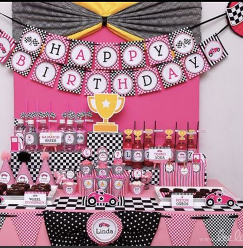 Girls Race Car Birthday Party, Pink Race Car Party, Girl Race Car Birthday Party Ideas, Lion King Birthday Party Ideas, Birthday Toddler Girl, Racing Birthday, Kids Spa Party, Hello Kitty Birthday Party, Car Themed Parties