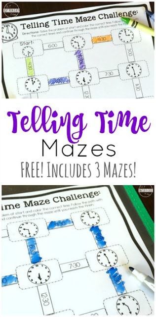 FREE Telling Time Mazes - this is such a fun, free printable math game to help kindergarten, first grade, 2nd grade, 3rd grade, and 4th grade students practice using a clock. They are telling time worksheets with a twist - it is a maze and a fun telling time clock game to finish! Telling Time Games, Printable Math Games, Telling Time Worksheets, Kindergarten Math Games, Math Games For Kids, Time Worksheets, Math Time, Math Game, Second Grade Math