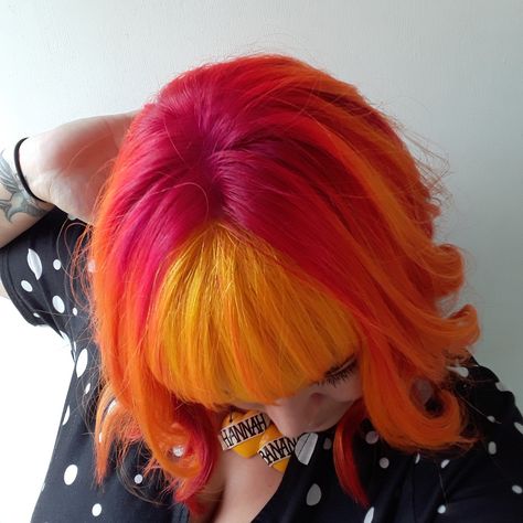 Ice Cream Haircut, Susie Core, Red Yellow Hair, Red And Yellow Hair, Orange And Pink Hair, Pink Orange Hair, Pink And Yellow Hair, Pink And Orange Hair, Dye Hair