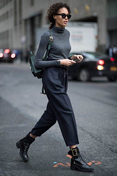 All grey outfit: grey turtleneck with black high rise pants and black ankle combat boots. Visit Daily Dress Me at dailydressme.com for more inspiration                    women's fashion 2018, fall fashion, casual outfits, street style, NY street style, boots, ankle boots, high rise pants, women's blouses, sweaters, winter fashion, backpacks Gucci Bucket Bag, Street Style Fall Outfits, Asos Fashion, New Street Style, Grey Turtleneck, Grey Outfit, Street Style Trends, Looks Black, Black Women Fashion