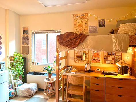 College Dorm Room Ideas With Lofted Beds, Homey Dorm Decor, Desk Under Bunk Bed Dorm Room, Gcsu Dorm Room, University Of Vermont Dorm, College Dorm Room Ideas Lofted Beds Aesthetic, Wku Dorm Room Ideas, Top Bunk Dorm Ideas, College Dorm Clean Aesthetic