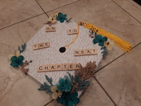 On To The Next Chapter Graduation Cap, Next Chapter Graduation Cap, College Grad Cap Ideas, Grad Cap Decorated, College Graduation Cap Decoration, Grad Cap Designs, Grad Caps, Cap Decoration, Grad Photoshoot