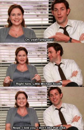 When they were expecting their second baby and Pam made her own dad joke: Funny Couple Quotes, Office Jokes, The Office Show, Couple Quotes Funny, Office Tv, Office Memes, Office Quotes, Parks N Rec, Michael Scott