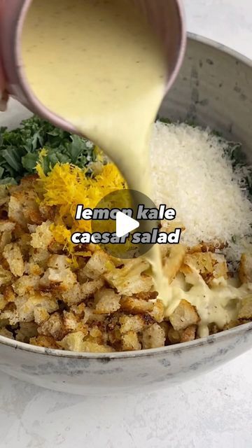 Madeline Tague on Instagram: "Comment RECIPE and I’ll DM you the recipe for this Lemon Kale Caesar Salad 🥗 it has a homemade lemony dressing that isn’t traditional caesar but is inspired by caesar flavors. It might just become your new favorite way to make a caesar salad! https://madaboutfood.co/lemon-kale-caesar-salad/" Cesar Pasta Salad Kale, Cesar Salad Recipe, Diy Ceasar Salad, Kale Cesar Salad, Home Made Ceasar Salad, Lemon Kale Caesar Salad, Sweetgreen Kale Caesar Recipe, Fried Neckbones, Lemony Dressing