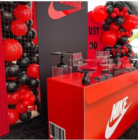 Michael Jordan Birthday Party Decor, Jordans Birthday Theme, Air Jordan Birthday Party Ideas, Sneaker Decor, Lakers Party, 16th Birthday Ideas, Sneaker Ball Party, 23rd Birthday Decorations, Nike Party