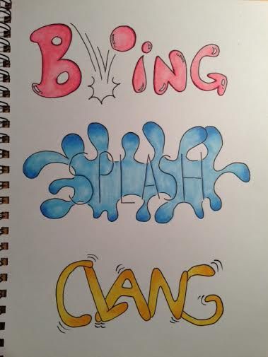 This is self created example of onomatopoeia. In the picture the word boing is read like the sound it makes same with splash and clang. Iris Folding, Hand Lettering Alphabet, English Art, Board Decoration, Lettering Styles, Bullet Journal Lettering Ideas, Dragon Artwork, Typography Inspiration, Elementary Art