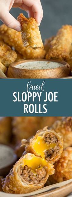 I can't think of anything more game day worthy than these Fried Sloppy Joe Rolls - they are dip-able, delicious, and filled with meat and cheese! Let's eat! Egg Roll Recipes, Sloppy Joe, Egg Roll, Football Food, Snacks Für Party, Sloppy Joes, Meat And Cheese, Game Day Food, An Egg