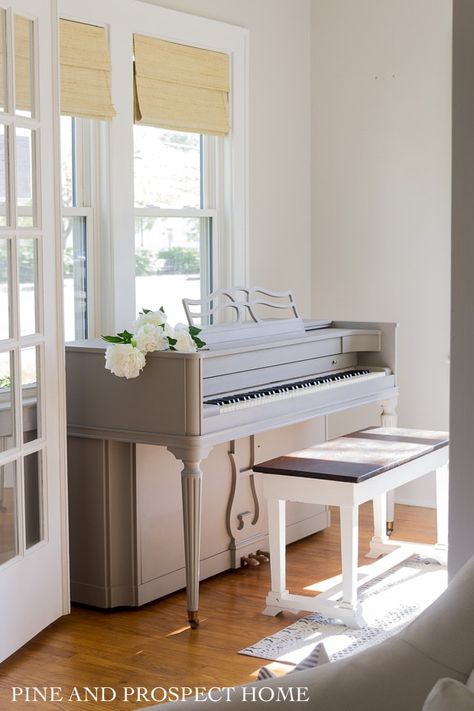 Beautifully painted upright piano. English cottage, sun room, Summer home tour. #piano #pianomakeover #paintedpiano #hometour #cottage #cottagestyle #homedecoratingideas Cottage Sunroom, Piano Makeover, Cottage Paint Colors, Pine And Prospect Home, Pine And Prospect, Jolie Paint, Cottage Style Furniture, Painted Pianos, Piano Decor