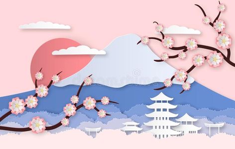 Japanese Tree Illustration, Japanese Art Landscape, Hills Illustration, Origami Sakura, Fuji Painting, Japanese Trees, Japanese Paper Art, Origami Home Decor, Panorama Landscape