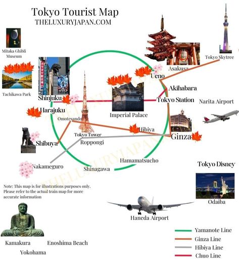 Tokyo Tourist Map, Train Map, Ghibli Museum, Haneda Airport, Tokyo Skytree, Tourist Map, Tokyo Tower, Imperial Palace, Narita