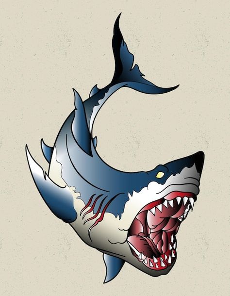 Neo Traditional Shark Tattoo, Neo Traditional Shark, Shark Reference, Traditional Tattoo Vector, Traditional Shark Tattoo, Traditional Tattoo Reference, Traditional Tattoo Old School, Shark Drawing, Shark Tattoo