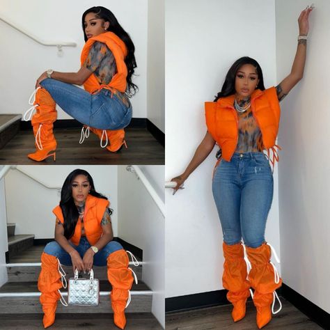 Orange And Jeans Outfit, Loud Colors Outfit, Snicker Ball Outfits, What Goes Good With Ribs Sides, Navy Blue And Orange Outfits For Women, Orange And Denim Outfits, Baddie Orange Outfits, Denim And Orange Outfit, Orange Fall Outfits Black Women