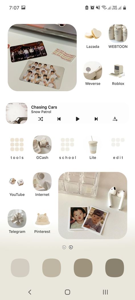 Homescreen Layout For Android, Beige Aesthetic Iphone Layout, White Aesthetic Homescreen Layout, Phone Homescreen Layout Android, Aesthetic Android Layout, Cream Iphone Layout, Phone Layout Ideas Android Samsung, Samsung Aesthetic Theme, Kpop Homescreen Layout Android