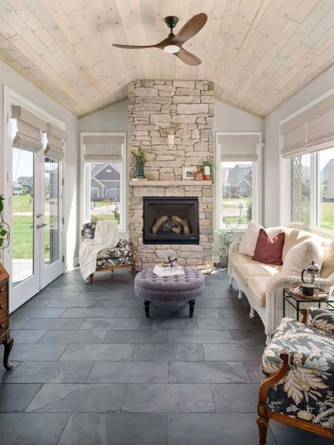 26 Creative 3 Season Porch Ideas to Inspire Your Next Cozy Retreat - placeideal.com 3 Season Room Ceiling Ideas, Screened Porch And Patio Combo, Black Three Season Room, Farmhouse 3 Season Room, Fireplace Sunroom Ideas, 3 Season Porch Fireplace, Three Season Room With Fireplace, 4 Seasons Room With Fireplace, Screened In Porch With Patio