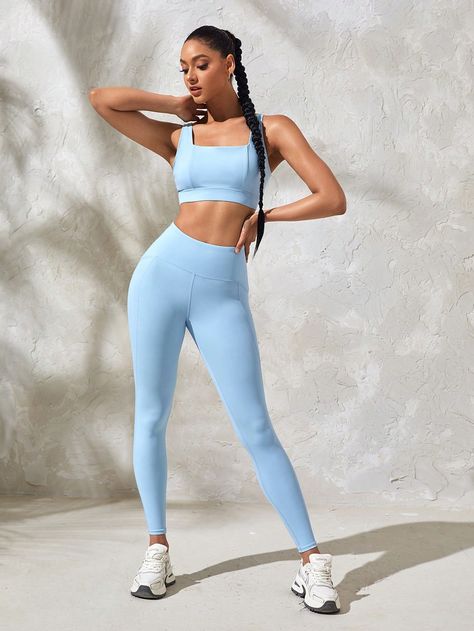 Baby Blue  Collar   Plain Leggings Embellished High Stretch  Women Activewear Plain Leggings, Sport Suit Women, Baby Blue Colour, Activewear Sets, Women Sports, Sports Suit, Kids Beachwear, Outdoor Woman, Active Wear For Women