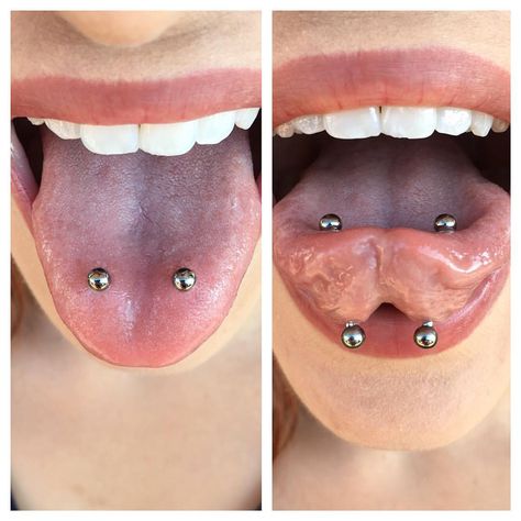 1,293 Likes, 23 Comments - Taylor Bell (@tfhb) on Instagram: “Two week old side set tongue piercings I did on the rad @edenslipsaway at the lovey…” Fake Tongue Piercing, Different Piercings, Venom Piercing, Spiderbite Piercings, Piercing Bouche, Tongue Piercing Jewelry, Mouth Piercings, Double Tongue Piercing, Piercing Chart