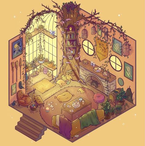 Hufflepuff Common Room, Art Harry Potter, Hufflepuff Aesthetic, Potter Art, Isometric Art, Common Room, Isometric Illustration, Art Disney, Hogwarts Houses