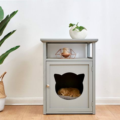 Cherry Tree Furniture BASTET Wooden Cat Cave Bedside Cabinet | Litter Box | Cat House Nightstand (Grey): Amazon.co.uk: Kitchen & Home Niche Chat, Cat Litter Tray, Litter Box Furniture, Litter Box Enclosure, Tree Furniture, Cat Litter Box Furniture, Cat Cave, Litter Tray, Grey Furniture