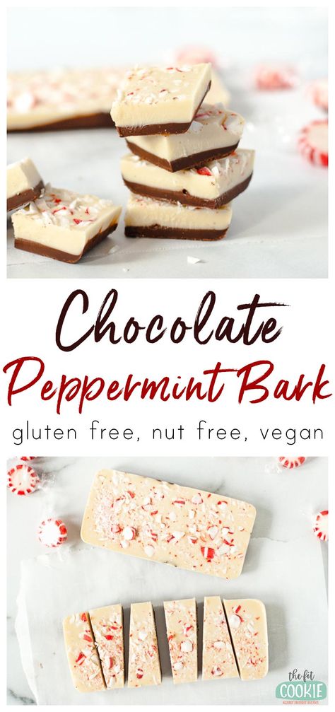 Impress your guests this Christmas with our allergy friendly Chocolate Peppermint Bark! This recipe is easy to make and it's dairy free, gluten free, vegan, nut free, and top 8 allergen free. | thefitcookie.com #thefitcookie #glutenfree #top8free #christmas #holiday #chocolate #vegan #dairyfree Chocolate Covered Banana Bites, Dairy Free White Chocolate, Peppermint Recipes, Chocolate Peppermint Bark, Gluten Free Christmas, Holiday Chocolate, Bark Recipe, Peppermint Bark, Vegan Christmas