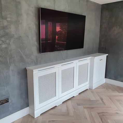 Fitted in castleknock  #radiatorcover #radiatorcabinet #tv #featurewall #bookcase #bespoke #tvcabinetdesign #customdesign #customfurniture #interiorliving #homedecor #design #instacool #instastyle #interiordesign #castleknock #dublin #ireland Tv Above Radiator, Wall Radiators, Custom Radiator Covers, Modern Radiator Cover, White Radiator Covers, Best Radiators, Blue Sofas Living Room, Decorative Radiators, Painted Radiator