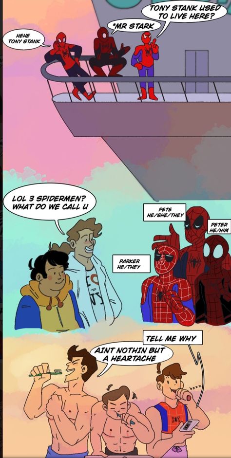 Lgbtq Spiderman, Transmasc Spiderman, Ftm Peter Parker, Peter Parker And Mj Fanart, Trans Peter Parker Fanart, Trans Spiderman Fanart, Trans Peter Parker Headcanon, Peter Parker Trans, Spiderman Funny Comics