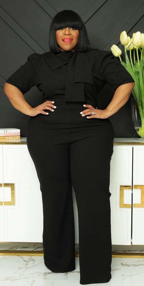 Plus Size Ceo Outfits, Corporate Baddie Outfits Plus Size, Black Office Lady Pantsuit For Business Casual, Plus Size Black Suits For Women, Elegant Black Pantsuit For Office Wear, Black Office Lady Pantsuit For Workwear, Summer Work Outfits Office Casual Plus Size, All Black Corporate Attire Women Plus Size, Black Wide-leg Business Casual Pantsuit