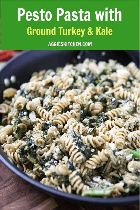 Ground Turkey Pesto Pasta Recipes, Ground Turkey Pesto Recipes, Pesto And Ground Turkey, Ground Chicken Pesto Pasta, Kale And Ground Turkey Recipes, Ground Turkey And Pesto Recipes, Ground Turkey Kale Recipes, Pesto Ground Turkey, Ground Turkey Pesto Pasta